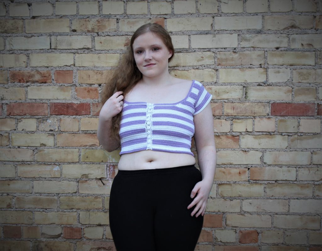 purple and white crop top